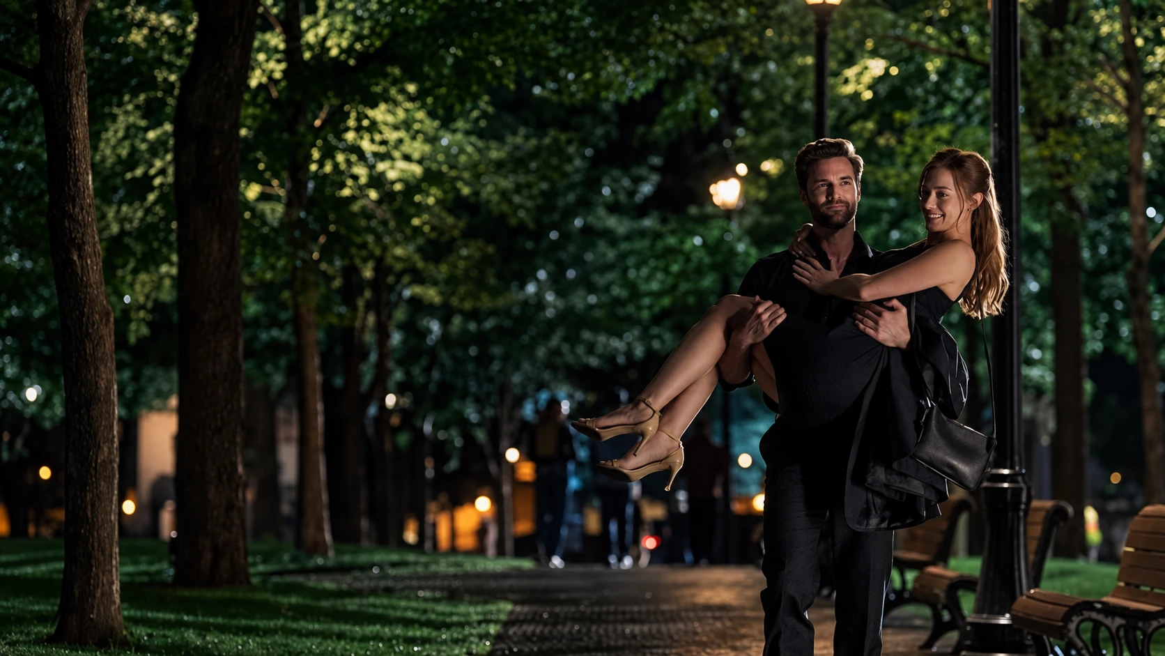 Still from The Love Hypothesis: a man carries a smiling woman through a park at night